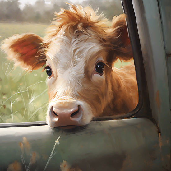 Heidi Kuntz HK319 - HK319 - Peeking In II  - 12x12 Cow, Tan Cow, Portrait, Truck Window, Peeking In, Whimsical from Penny Lane