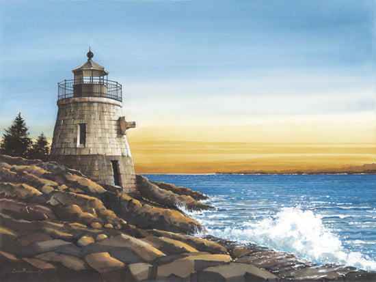 John Rossini JR432 - JR432 - Sunset at Castle Hill - 16x12 Coastal, Landscape, Lighthouse, Rocks, Ocean, Waves, Sunset, Castle Hill from Penny Lane