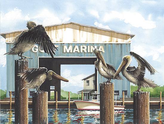 John Rossini JR433 - JR433 - The Marina Kings - 16x12 Coastal, Lake, Marina, Posts, Birds, Pelicans, Four Pelicans, Boat, Dock, Gulf Marina, Typography, Signs, Textual Art from Penny Lane