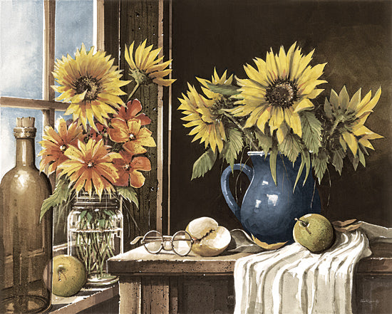 John Rossini JR444 - JR444 - Competing Vases - 16x12 Still Life, Fall, Flowers, Sunflowers, Bouquets, Pitcher, Canning Jar, Pears, Glasses, Towel, Window, Windowsill, Glass Jar, Farmhouse/Country from Penny Lane