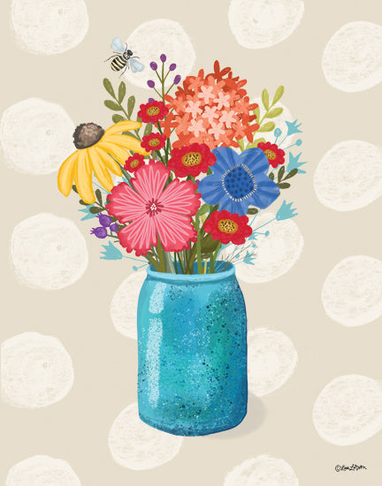 Lisa Larson LAR641 - LAR641 - Rainbow Blooms in Blue Vase - 12x16 Flowers. Bouquet, Leaves, Berries, Folk Art Flowers, Polka Dots from Penny Lane