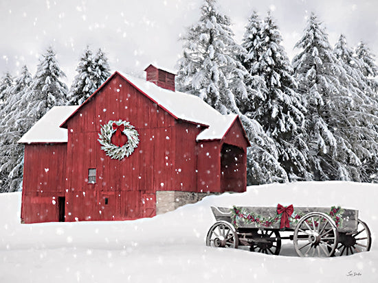 Lori Deiter LD3638 - LD3638 - Red Christmas Barn and Wagon - 16x12 Photography, Christmas, Holiday, Farm, Barn, Red Barn, Wagon, Ribbons, Wreath, Landscape, Winter, Snow, Landscape from Penny Lane