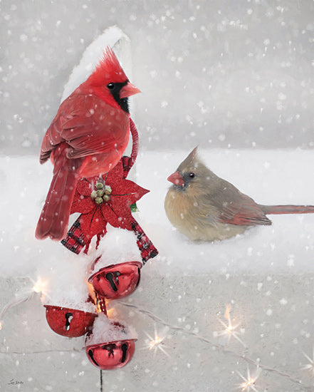 Lori Deiter LD3759 - LD3759 - Snowy Christmas Cardinals - 12x16 Christmas, Holiday, Photography, Birds, Cardinals, Male and Female Cardinals, Bells, Red Bells, Winter, Snow, Christmas Lights from Penny Lane