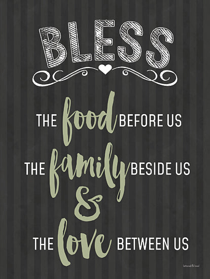 Lettered & Lined LET1130 - LET1130 - Bless This Family - 12x16 Kitchen, Inspirational, Bless the Food Before Us, The Family Beside Us, & the Love Between Us, Typography, Signs, Textual Art, Black Background from Penny Lane