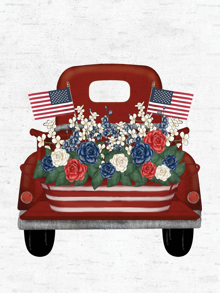 lettered & lined LET1183 - LET1183 - Patriotic Flower Delivery - 12x16 Patriotic, Truck, Red Truck, Truck Bed, Flowers, Pail, American Flags, Independence Day from Penny Lane