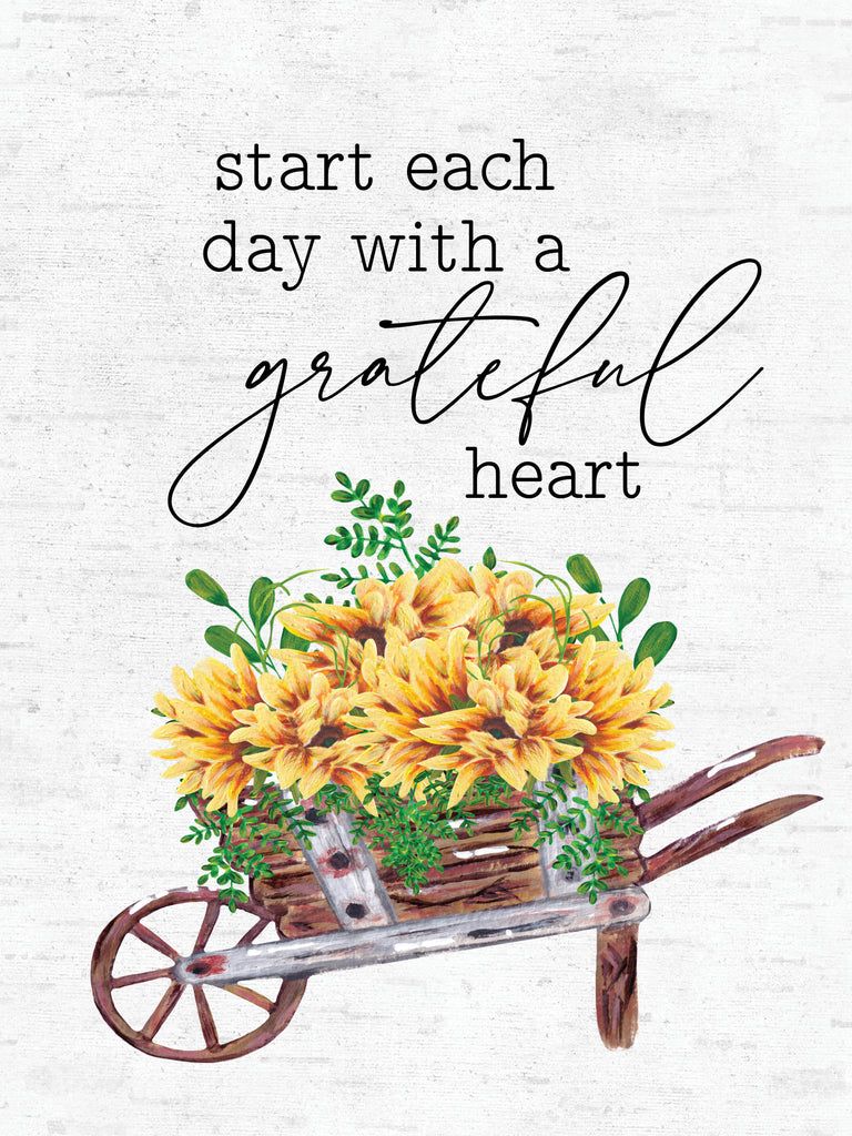 lettered & lined LET1189 - LET1189 - Grateful Heart - 12x16 Inspirational, Start Each Day with a Grateful Heart, Typography, Signs, Textual Art, Wheelbarrow, Flowers, Yellow Flowers, Greenery from Penny Lane