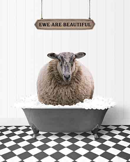 lettered & lined LET976 - LET976 - Ewe Are Beautiful - 12x16 Whimsical, Bath, Bathroom, Bathtub, Sheep, Bubbles, Ewe are Beautiful, Typography, Signs, Textual Art, Gray & White Tile Floor from Penny Lane