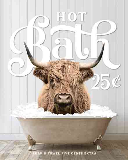 lettered & lined LET977 - LET977 - Highland Hot Bath - 12x16 Whimsical, Bath, Bathroom, Bathtub, Cow, Highland Cow, Bubbles, Hot Bath 25 Cents Soap & Towel Five Cents Extra, Typography, Signs, Textual Art, Wood Planks from Penny Lane