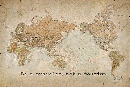 Marla Rae MAZ5929 - MAZ5929 - Be a Traveler, Not a Tourist - 18x12 Travel, Map, World Map, Landscape, Continents, Oceans, Be a Traveler, Not a Tourist, Typography, Signs, Textual Art, Neutral Palette from Penny Lane