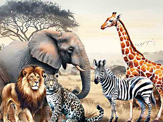 Nicole DeCamp ND304 - ND304 - African Safari Animals - 16x12 Safari, African Safari, Africa, Animals, Elephant, Giraffe, Lion, Zebra, Leopard, Landscape, Tree, Birds from Penny Lane