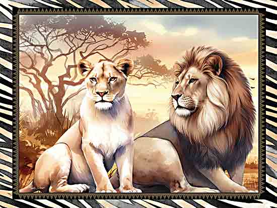 Nicole DeCamp ND305 - ND305 - African Safari Lions - 16x12 Safari, African Safari, Africa, Animals, Lions, Male and Female Lions, Landscape, Trees, Patterned Border from Penny Lane