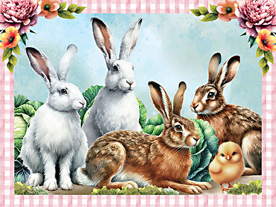 Nicole DeCamp ND407 - ND407 - Cabbage Patch Rabbits - 16x12 Easter, Spring, Rabbits, Chick, Garden, Cabbage, Flowers, Pink and White Plaid, Easter Bunny, Garden from Penny Lane