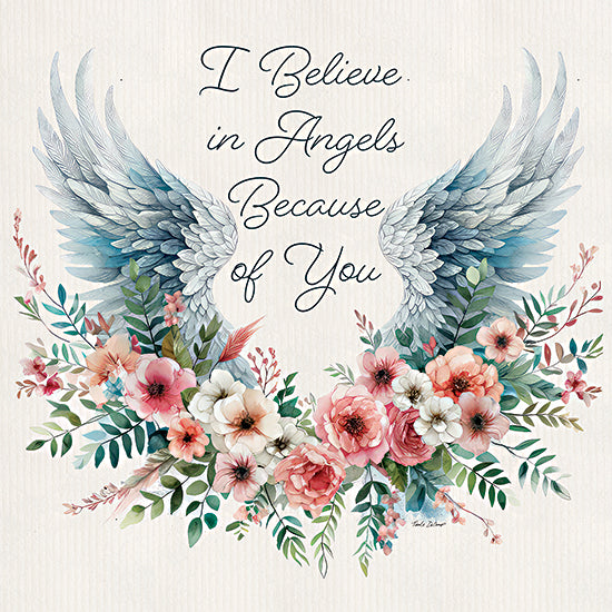 Nicole DeCamp ND419 - ND419 - I Believe in Angels - 12x12 Bereavement, Angle Wings, Flowers, Pink Flowers, Greenery, I Believe in Angels Because of You, Typography, Signs, Textual Art from Penny Lane