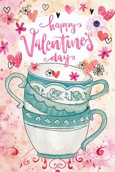 Nicole DeCamp ND425 - ND425 - Happy Valentine's Day Coffee Cups - 12x18 Valentine's Day, Coffee Cups, Blue & White China, Happy Valentine's Day, Typography, Signs, Textual Art, Hearts, Patterns, Flowers, Watercolor from Penny Lane