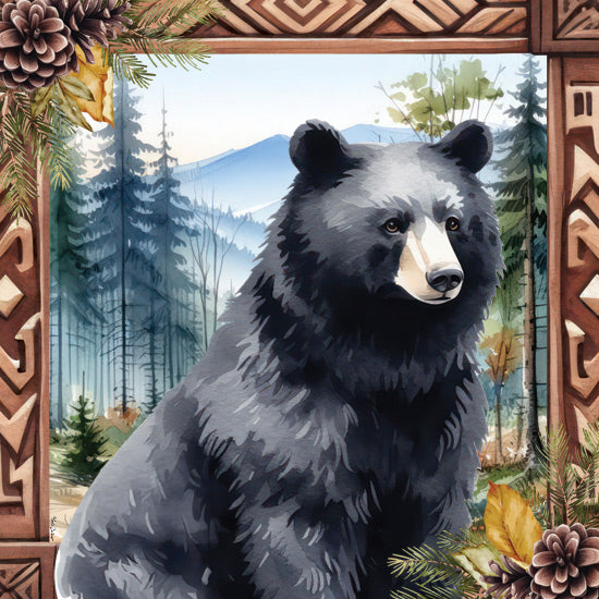 Nicole DeCamp ND571 - ND571 - Woodland Retreat Bear - 12x12 Lodge, Bear, Black Bear, Landscape, Trees, Wood Carved Border, Pine Cones from Penny Lane