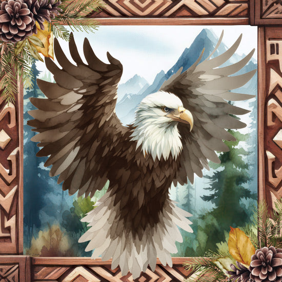Nicole DeCamp ND573 - ND573 - Woodland Retreat Eagle - 12x12 Lodge, Eagle, Landscape, Trees, Wood Carved Border, Pine Cones from Penny Lane