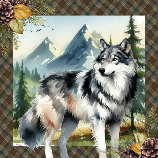 Nicole DeCamp ND575 - ND575 - Woodland Retreat Wolf - 12x12 Lodge, Wolf, Landscape, Trees, Mountains, Plaid Border, Pine Cones from Penny Lane