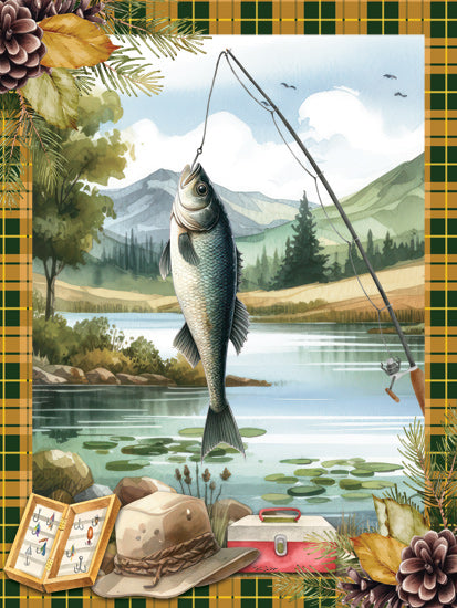 Nicole DeCamp ND579 - ND579 - Woodland Retreat Fish I - 12x16 Lake, Lodge, Fish, Fishing Pole, Fishing Lures, Hat, Tackle Box, Lily Pads, Landscape, Trees, Mountains, Plaid Border, Masculine from Penny Lane