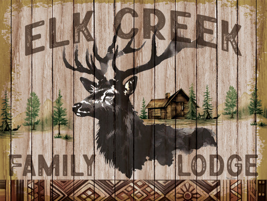 Nicole DeCamp ND583 - ND583 - Elk Creek Family Lodge - 16x12 Lodge, Elk, Family Lodge, Wood Slats, Elk Creek Family Lodge, Typography, Signs, Textual Art, Trees, Pine Trees, Cabin, Log Cabin, Southwest Border from Penny Lane