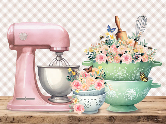 Nicole DeCamp ND588 - ND588 - In the Kitchen Mixer & Colanders - 16x12 Kitchen, Still Life, Flowers, Electric Mixer, Rolling Pin, Whisk, Colander, Bowls, Purple & White Plaid, Butterflies, Spring from Penny Lane