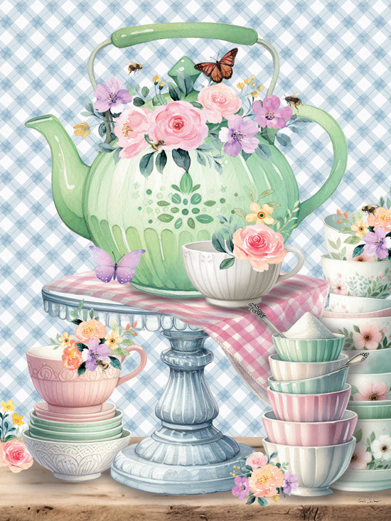 Nicole DeCamp ND596 - ND596 - In the Kitchen Teapot and Cups - 12x16 Kitchen, Still Life, Flowers, Teapot, Teacups, Saucers, Cake Plate, Butterflies, Blue & White Plaid from Penny Lane