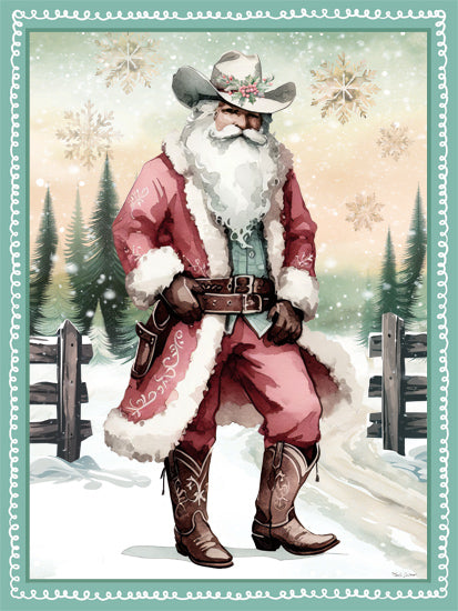 Nicole DeCamp ND612 - ND612 - Cowboy Santa I - 12x16 Christmas, Holidays, Whimsical, Western, Cowboy Santa Claus, Cowboy Hat, Cowboy Boots, Holster, Landscape, Ranch, Fence, Trees, Winter, Snow, Snowflakes from Penny Lane