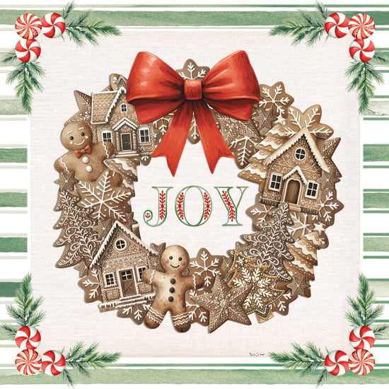 Nicole DeCamp ND618 - ND618 - Joy Gingerbread Wreath - 12x12 Christmas, Holidays, Gingerbread, Gingerbread Cookie Wreath, Red Ribbon, Joy, Typography, Signs, Textual Art, Candy, Pine Sprigs, Green and White Plaid, Border, Kitchen from Penny Lane