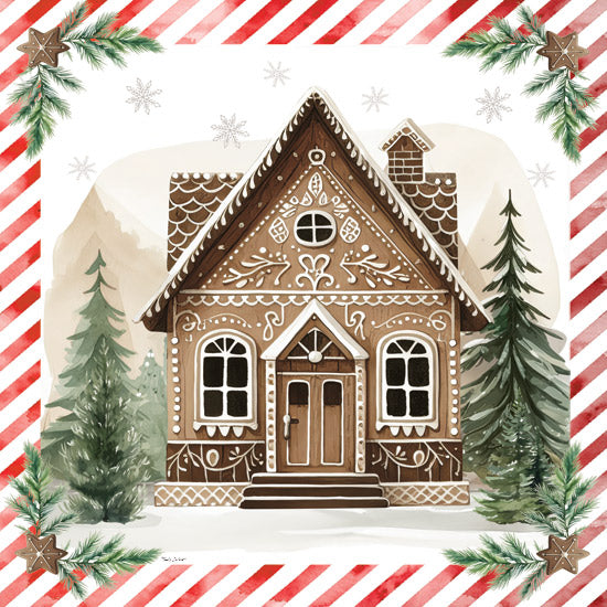 Nicole DeCamp ND620 - ND620 - Gingerbread Lane House II - 12x12 Christmas, Holidays, Kitchen, Gingerbread House, Icing, Trees, Pine Trees, Pine Sprigs, Stars, Red and White Border, Winter from Penny Lane