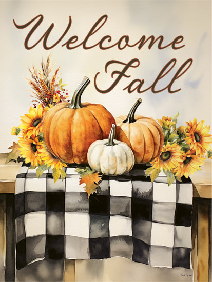 Nicole DeCamp ND626 - ND626 - Welcome Fall Table - 12x16 Fall, Welcome Fall, Typography, Signs, Textual Art, Still Life, Pumpkins, Flowers, Sunflowers, Leaves, Table, Black & White Plaid from Penny Lane