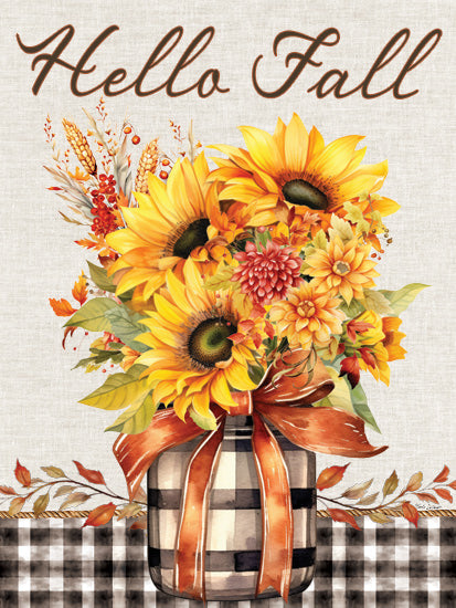 Nicole DeCamp ND627 - ND627 - Hello Fall Bouquet - 12x16 Fall, Hello Fall, Typography, Signs, Textual Art, Still Life, Flowers, Sunflowers, Greenery, Leaves, Vase, Black & White Plaid, Farmhouse/Country from Penny Lane