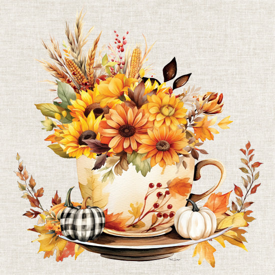 Nicole DeCamp ND630 - ND630 - Fall Teacup - 12x12 Fall, Still Life, Kitchen, Tea Cup, Flowers, Sunflowers, Mums, Greenery, Leaves, Pumpkins, Leaves from Penny Lane