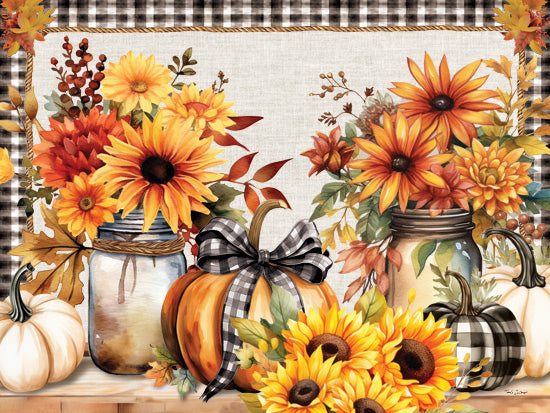 Nicole DeCamp ND634 - ND634 - Plaid Pumpkins Fall Floral - 16x12 Fall, Still Life, Pumpkins, Black & White Pumpkins, Plaid, Flowers, Sunflowers, Mums, Canning Jars, Straw Blanket, Throw, Leaves, Cottage/Country from Penny Lane