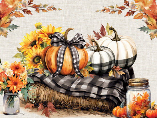 Nicole DeCamp ND635 - ND635 - Fall Plaid Pumpkins on Haystack - 16x12 Fall, Still Life, Pumpkins, Black & White Pumpkins, Haystack, Throw, Black & White Plaid, Flowers, Sunflowers, Mums, Leaves, Canning Jars, Cottage/Country from Penny Lane