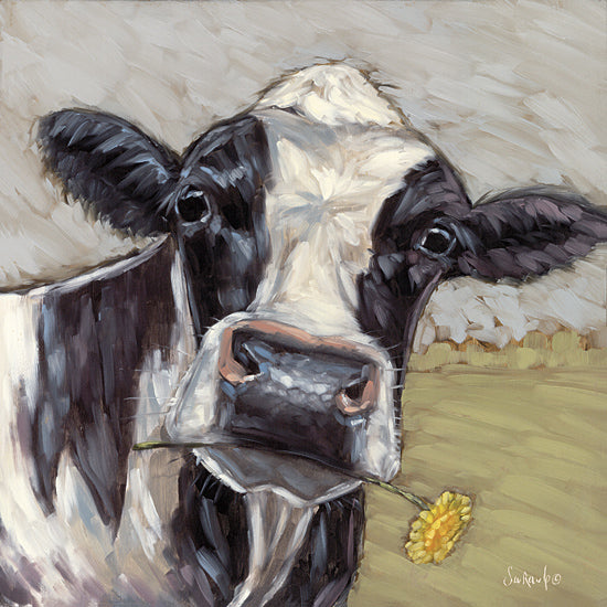 Sara G. Designs SGD214 - SGD214 - Picking Dandelions 1 - 12x12 Whimsical, Cow, Black & White Cow, Farm Animal, Dandelion, Yellow Dandelion, Brush Strokes from Penny Lane