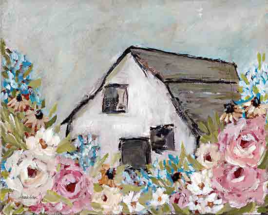 Amanda Hilburn AH195 - AH195 - Spring at the Barn - 16x12 Flowers, Barn, White Barn, Abstract, Pink Flowers, White Flowers, Blue Flowers, Greenery, Spring from Penny Lane