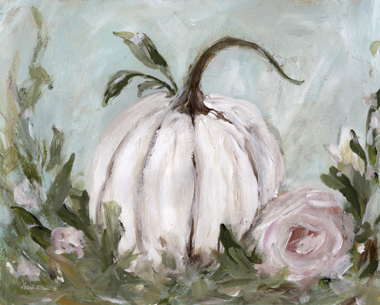 Amanda Hilburn AH303 - AH303 - Pretty Little Pumpkin - 16x12 white pumpkin, fall decor, autumn harvest, farmhouse still life, soft neutral tones, painterly brush strokes, floral accents, rustic home decor from Penny Lane