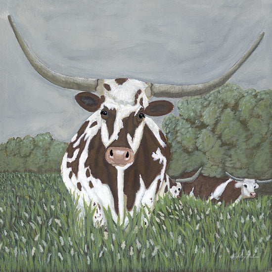 Ashley Justice AJ196 - AJ196 - Field of Storms - 12x12 Cows, Longhorn Cows, Portrait, Landscape, Pasture, Trees  from Penny Lane