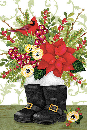 Annie LaPoint ALP2695 - ALP2695 - Santa's Boot Bouquet   -  12x18 Christmas, Holidays, Still Life, Santa's Boots, Flowers, Poinsettia, Greenery, Berries, Patterned Background from Penny Lane