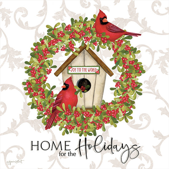 Annie LaPoint ALP2697 - ALP2697 - Home for the Holidays  - 12x12 Christmas, Holidays, Inspirational, Home for the Holidays, Typography, Signs, Textual Art, Cardinals, Birdhouse, Wreath, Greenery, Holly, Berries, Winter from Penny Lane