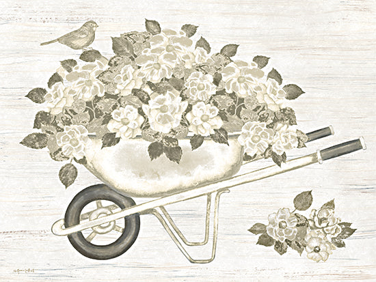 Annie LaPoint ALP2802 - ALP2802 - Vintage Blooms III - 16x12 wheelbarrow, garden cart, white flowers, hydrangea, floral arrangement, greenery, leaves, bird, rustic wood background, farmhouse decor, soft neutral tones, vintage style, country garden, spring, summer, painterly illustration from Penny Lane