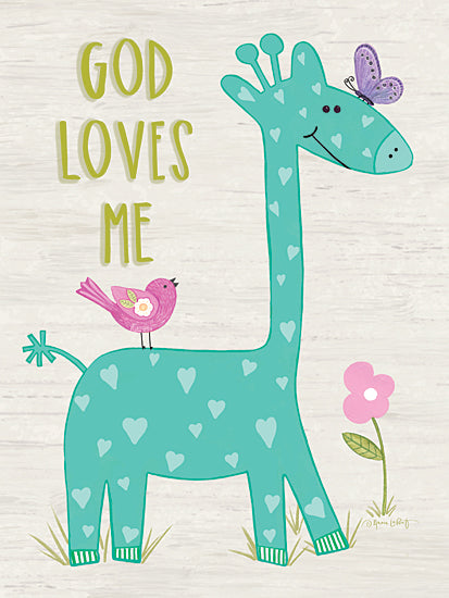 Annie LaPoint ALP2840 - ALP2840 - God Loves Me Giraffe - 12x16 green giraffe with hearts, butterfly, bird, God loves me, childlike drawing, cheerful animal illustration, Christian theme from Penny Lane