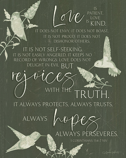 Annie LaPoint ALP2875 - ALP2875 - Love is Patient Hummingbirds - 12x16 typography, religious & spiritual, animals, botanical, birds, greenery, leaves, inspirational, word art, hummingbird, branches, bible verse, faith, feminine, decorative, digital illustration, neutral from Penny Lane