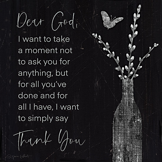 Annie LaPoint ALP2886 - ALP2886 - Dear God - Thank you - 12x12 religious & spiritual, typography, botanical, animals, backgrounds & patterns, inspirational, word art, greenery, leaves, insects, wildlife, butterfly, branches, vase, chalkboard, textured, decorative, vintage, digital illustration, black & white from Penny Lane