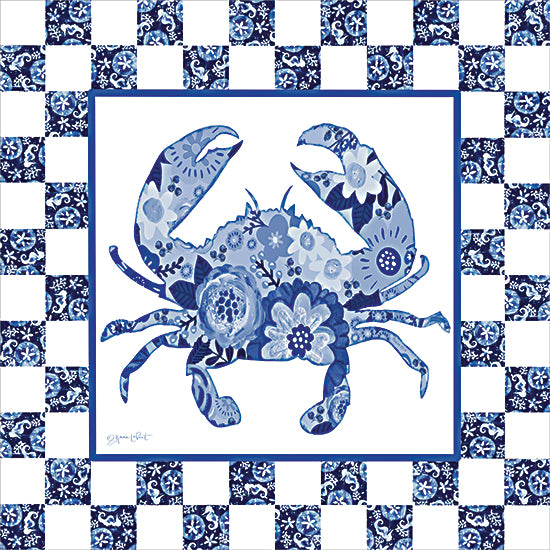 Annie LaPoint ALP2970 - ALP2970 - Patterned Ocean Crab - 12x12 animals, coastal, backgrounds & patterns, aquatic animals, sea life, crab, floral pattern, checkered, blue & white, nautical, ocean, decorative, whimsical, digital illustration, blue from Penny Lane