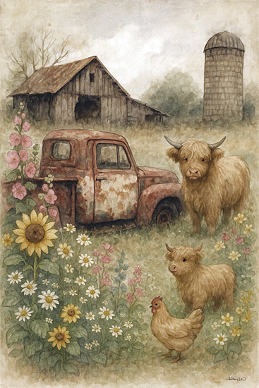 Anthony Smith ANT229 - ANT229 - Farmyard Friends - 12x18 highland cow calf, flowers, rustic field from Penny Lane