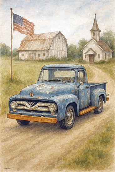 Anthony Smith ANT252 - ANT252 - Country Roots - 12x18 patriotic & americana, landscape, religious & spiritual, travel, americana, flags & stars, country, rural, trees, transportation, truck, old truck, barn, church, dirt road, vintage, painterly, watercolor, multicolor from Penny Lane