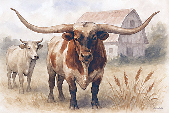 Anthony Smith ANT260 - ANT260 - Barnyard Boss - 18x12 animals, western, landscape, farm animals, ranch life, country, longhorn, cow, calf, barn, field, painterly, watercolor, brown from Penny Lane