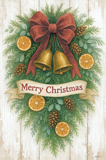 Anthony Smith ANT264 - ANT264 - Orange and Pinecone Wreath - 12x18 Christmas wreath, holiday greenery, pinecones, oranges, gold bells, red ribbon, festive banner, rustic Christmas decor, vintage holiday art, Merry Christmas watercolor illustration from Penny Lane