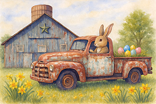 Anthony Smith ANT273 - ANT273 - Bringing Easter Joy - 18x12 Easter bunny, vintage truck, colored eggs, rustic barn, daffodils, spring countryside, Easter delivery, whimsical illustration, farm life, country charm from Penny Lane