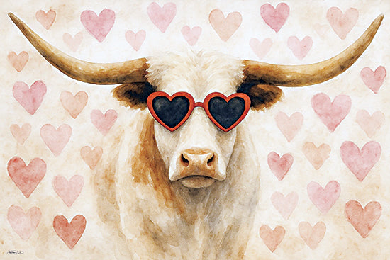 Anthony Smith ANT275 - ANT275 - Longhorn Love - 18x12 watercolor cow portrait, longhorn cattle, heart shaped sunglasses, valentine hearts background, cute funny farm animal, whimsical humor, country western vibe, romantic novelty art, pink red hearts pattern, farmhouse decor, playful animal illustration, modern rustic from Penny Lane